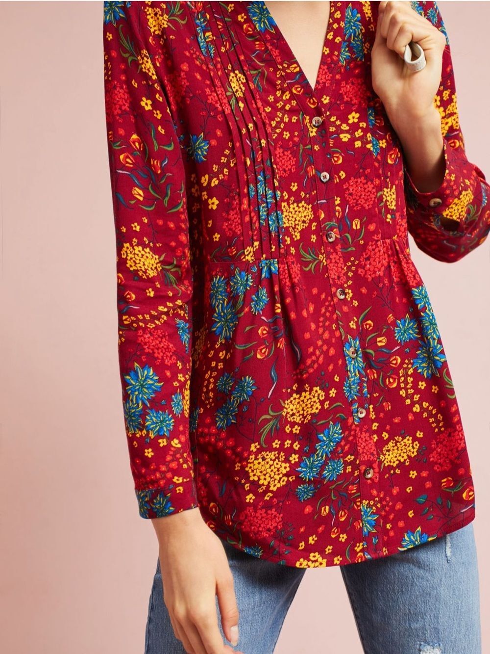 Anthropologie Maeve Burgundy Red Floral Boho Peasant Pintuck Blouse Size L (est)